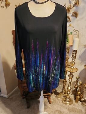 Susan Graver Black Long-Sleeve Tunic with Iridescent Blue & Purple Accents